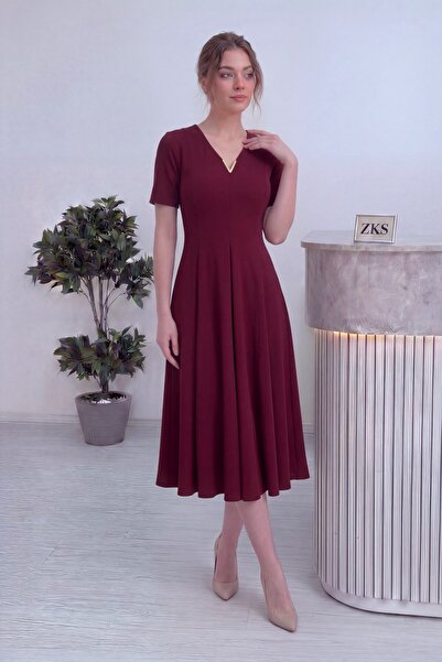 zks grup tekstil Women's Short Sleeve V-Neck Accessory Dress Midi Length Burg...