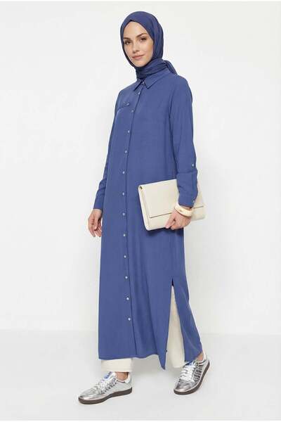 Armine TREND Boydan Düğmeli Cep Detaylı Gömlek Yaka Uzun Tunik İndigo 26YT404