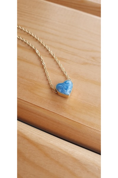 BS JEWELRY Blue Heart Enamel Embellished Steel Necklace – Minimal Elegant Wom...
