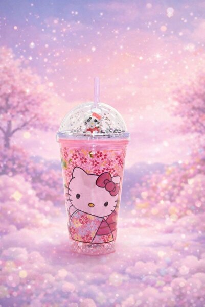 HEPBİMODA Hello Kitty Figürlü Pipetli Şeffaf Plastik Bardak – Simli Kapaklı K...