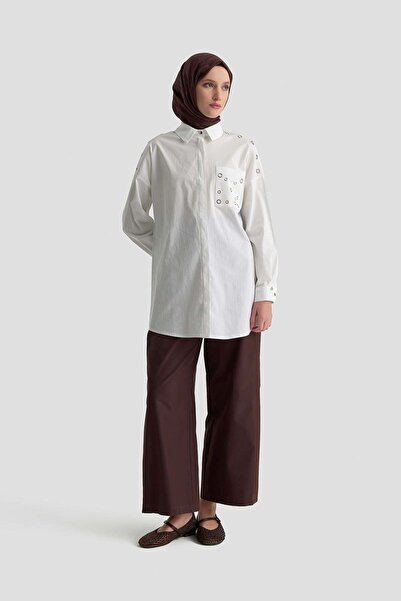 Armine TREND Gizli Düğmeli Kuşgözü Detaylı Gömlek Beyaz 25KT420