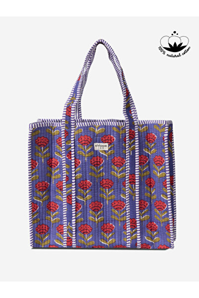 Strippe Gelincik Desenli Pamuklu Kumaş Mor Günlük Omuz Çantası - Tote Bag