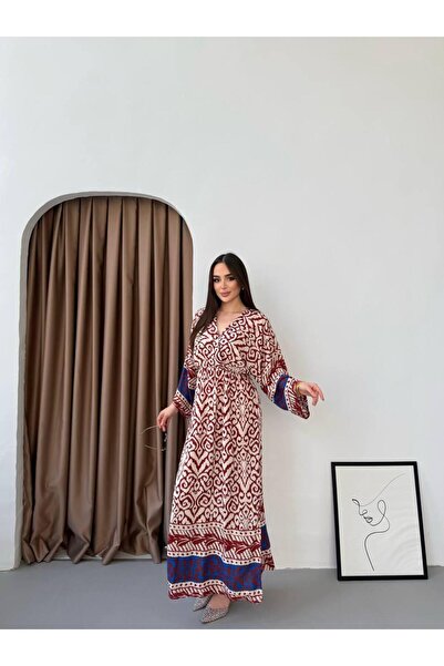 moda paketi Дълга рокля с V-образно деколте и бордови мотиви – Макси рокля с ...