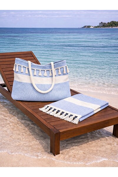 Life Line Lüks Dokuma Organik Pamuk Plaj Çantası ve Uyumlu Pareo Seti - İç Ce...
