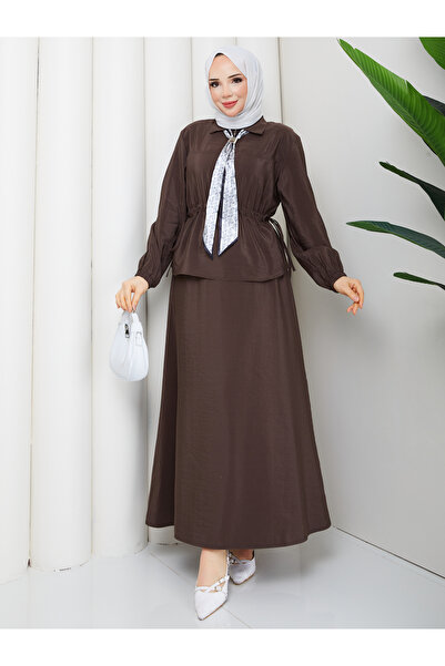 RACE FASHİON Zippered Tie-Down Detailed Shirt & Skirt with Scarf Hijab Set Rc...