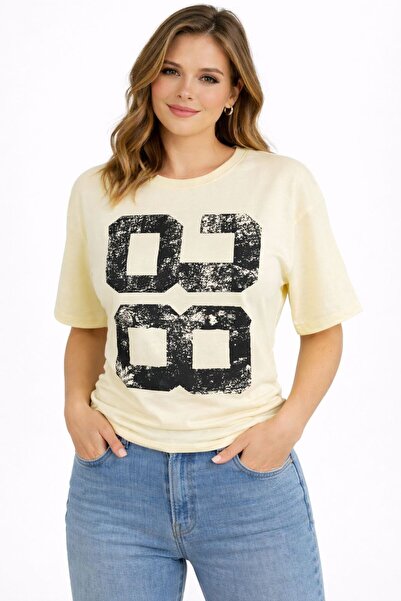 moda paketi مطبوع يان فستان بتجاعيد مجمّعة تي شيرت نسائي - تي شيرت كاجوال أنيق