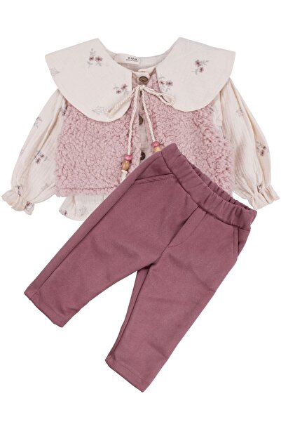 bebegen Baby Girl Ecru Pink Plush Vest and Muslin Shirt 3-Piece Luxury Set