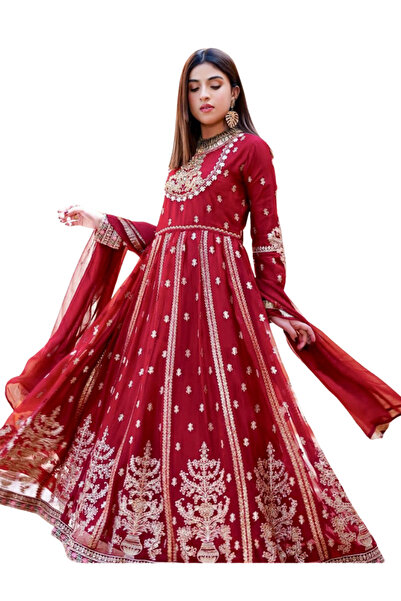 MYSMAR فستان جورجيت أحمر مع تنورة وشال - HRT5934 | أحمر