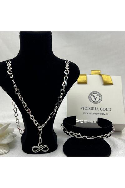 Victoria 925 Ayar Gümüş Sonsuzluk Figürlü Kolye Bileklik Seti – Modern Kadın Takı Seti