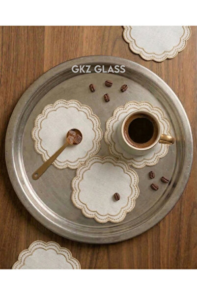 gkzglass home dekor 6 Adet Keten Kumaş Üzeri Nakışlı Kahve Yanı Kokteyl Peçet...