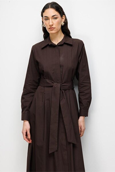 Mizalle Acı Kahve Premium Saf Pamuk Kahverengi Piliseli Uzun Elbise