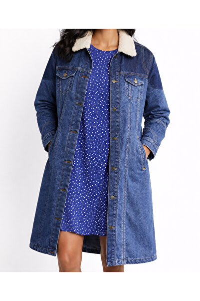 ozze butik Kadın Kürk Yakalı Uzun Denim Kaban