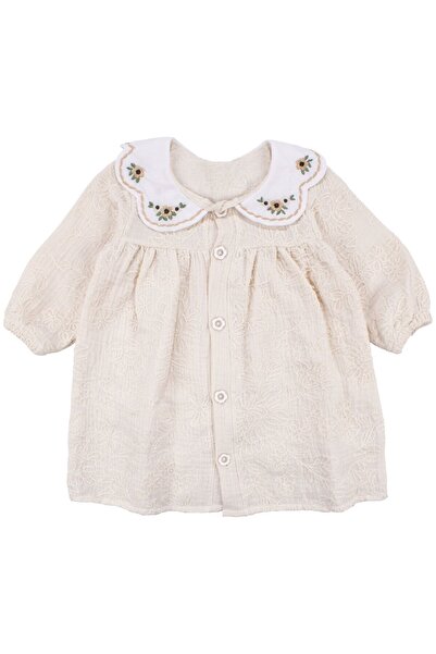 bebegen Baby Girl Beige Embroidered Collared Muslin Dress