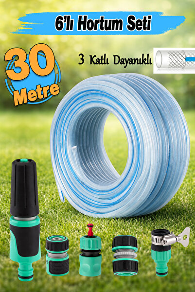 Badem10 (30 Metre) Üç Katlı Şeffaf Sağlam Bahçe Hortumu Çeşme Su Sulama Hortu...