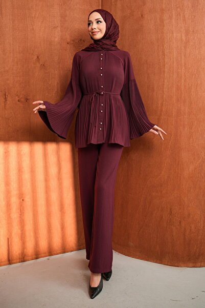 İmajButik Burgundy Pleated High Collar Tunic with Trousers Crepe Set