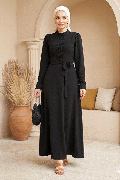 FERHEL Ayrobin Fabric Hijab Dress with Grass Detail and Belt - Black