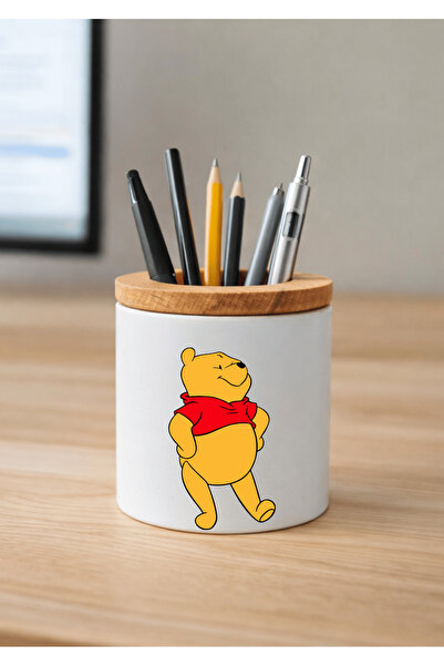 Eylül Design حامل أقلام سيراميك ويني ذا بوه مطبوع مع تفاصيل خشبية لسطح المكتب