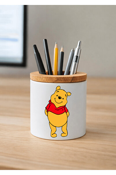 Eylül Design حامل أقلام سيراميك ويني ذا بوه مطبوع مع تفاصيل خشبية لسطح المكتب