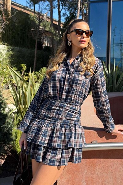 Mine Tan Butik Plaid Patterned Short Skirt - Navy Blue