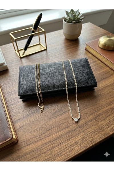 Zaman Kutusu Women's Black Wallet and Gold Color Waterway Necklace-Bracelet S...