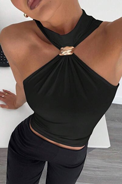 JE-TU λαιμόκοψη halter Λεπτομέρεια με αξεσουάρ Κοντό Μπλούζα