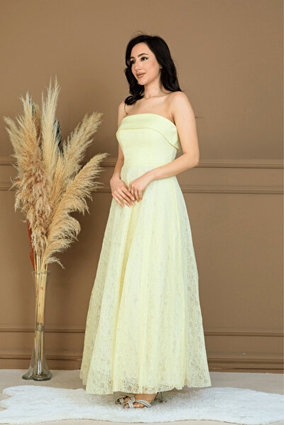BEYBOS Lace Fabric Strapless Dress - Yellow