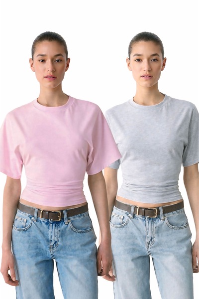 ossons Waist-Tied Bat Sleeve Cotton T-Shirt - Set of 2