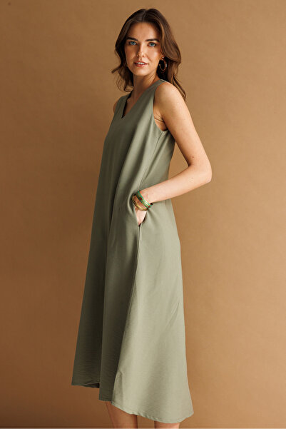 Desen Triko Women's V-Neck Strappy Long Linen Dress Khaki