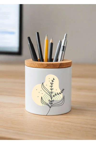 Eylül Design حامل أقلام سيراميك بتصميم بوهو مطبوع مع تفاصيل خشبية لسطح المكتب