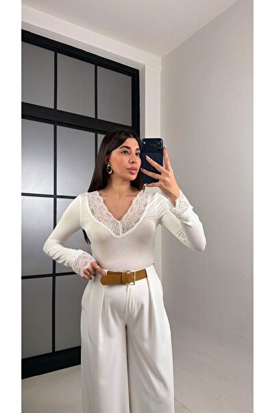 solena sln Bluză de damă Ecru cu decolteu în V dantelă Detaliată cașmir Body