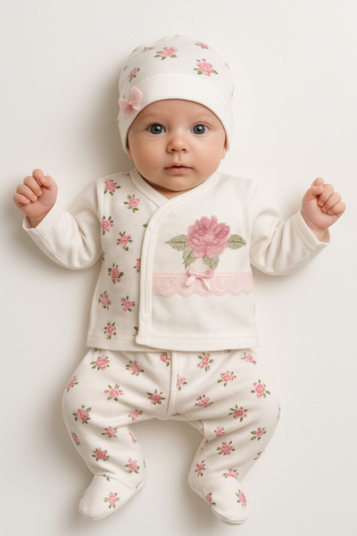 Bebelul Set bebeluși brodat din bumbac Babyim 0-3 luni cu model floral