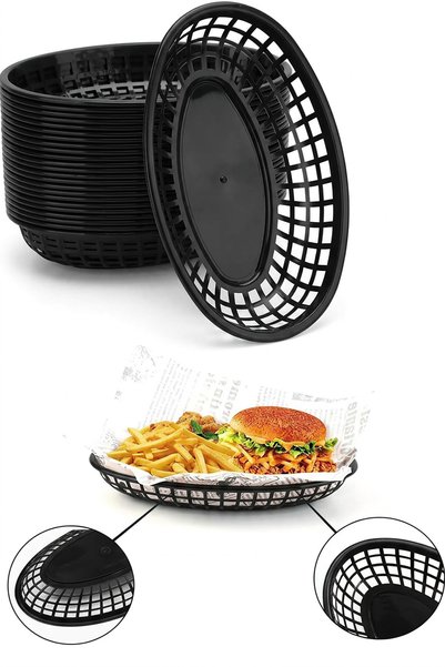 Akyüz Plastik 🍔   10-Piece Plastic Hamburger Serving Basket – Fast Food Presentation Basket-Black