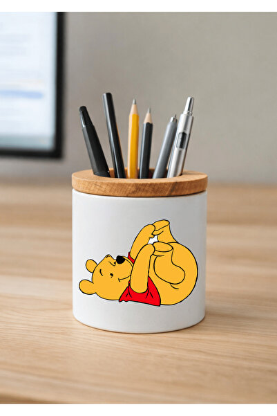 Eylül Design حامل أقلام سيراميك ويني ذا بوه مطبوع مع تفاصيل خشبية لسطح المكتب