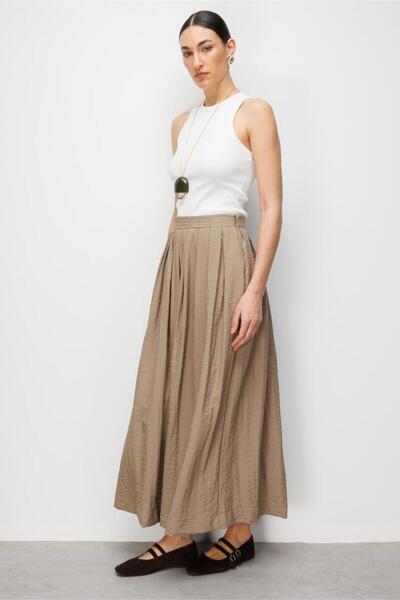 Mizalle İnce Piliseli Vizon Rengi Maksi Yazlık Etek