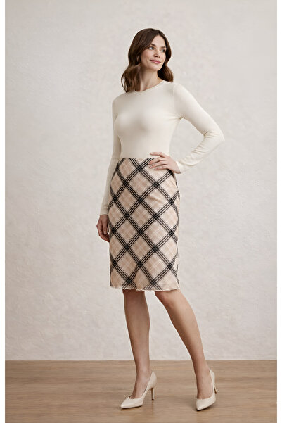BLOUSE Bej Kareli Midi Kalem Etek