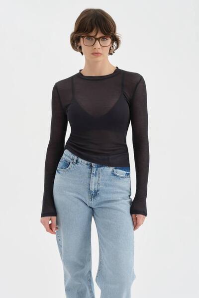 tw3 Kadın Transparan Görünümlü Bisiklet Yaka Tasarım Bluz