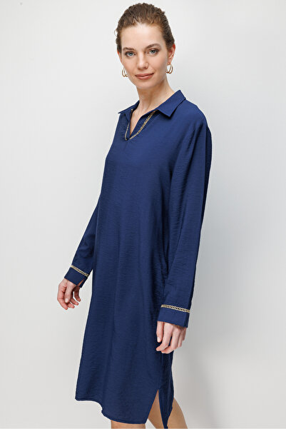 Desen Triko Women's Long Sleeve Dress with Gold Embroidery on Collar and Slee...