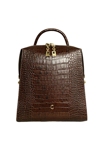 Platin قهوة جلد كروكو نسائية حقيبة ظهر