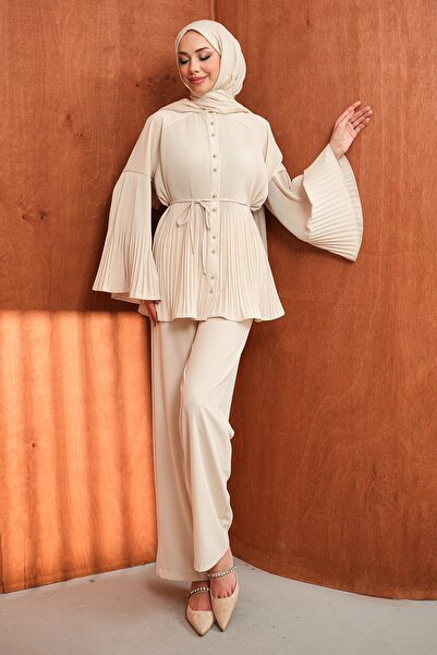 İmajButik طقم تونيك بياقة مطوية من تاش مكون من كريب قطعة مع بنطلون