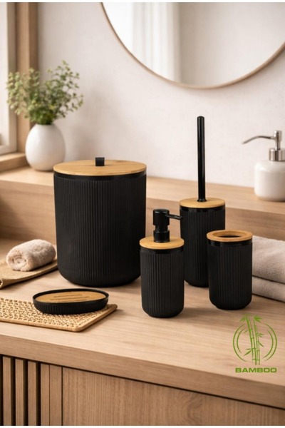 Store HGY Home Gerçek Bambu Detaylı London Siyah 5'li Banyo Seti