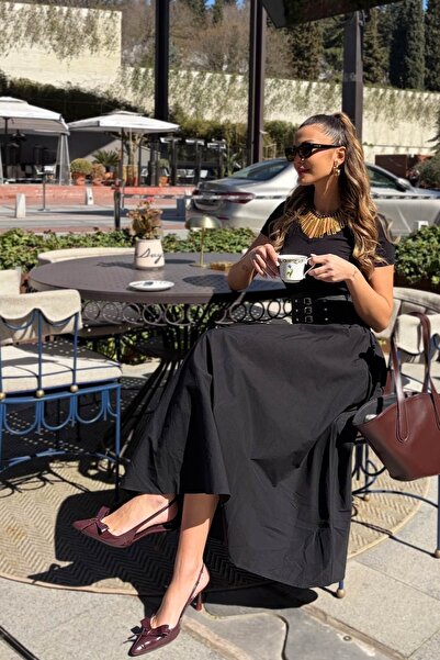 Mine Tan Butik Thick Belt Layer Midi Women's Skirt - Black