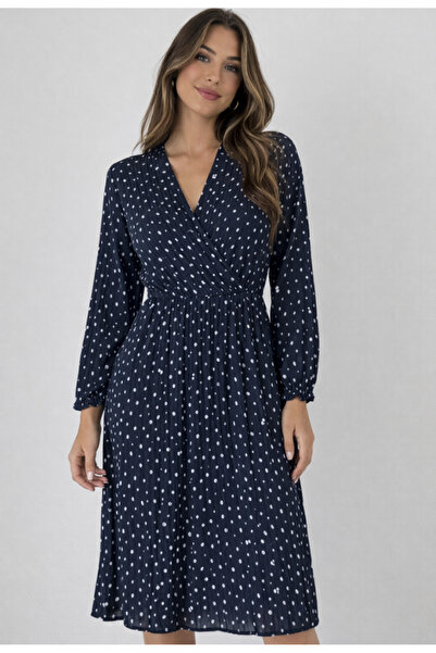 Nobrand Rochie bleumarin plisată cu buline albe și decolteu petrecut