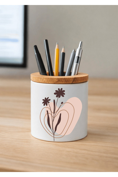 Eylül Design حامل أقلام سيراميك بتصميم بوهو مطبوع مع تفاصيل خشبية لسطح المكتب