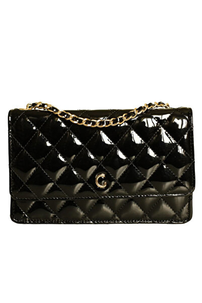 Platin Black Patent Leather Leather Women's Crisscross Straps Bag