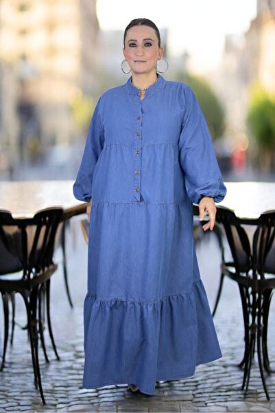 yagmurberen Rochie din denim evazată, mărime mare, cu jumătate de nasturi în ...