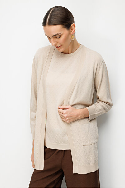 Desen Triko Жіночий тонкий в'язаний кардиган з візерунком, бежевого кольору