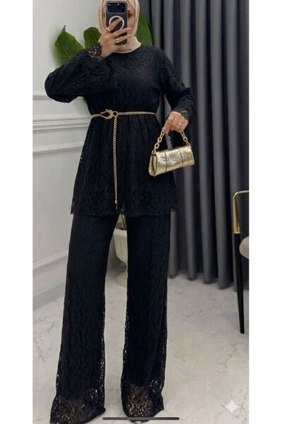 onlymoon Women's Black Full D Lace Tesettür Suit ◆ Alt Top Double Team ◆ Belt...