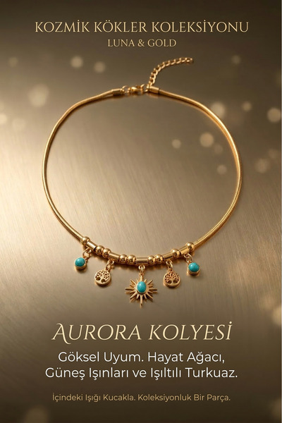 POEM JEWELLERY 18 Ayar Altın Kaplama Turkuaz Taşlı Güneş ve Hayat Ağacı Pasla...