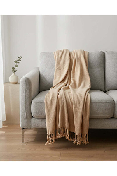 REDTAG Beige Chenille Throw With Gold Metallic Yarn