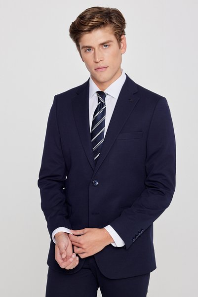 AC&Co / Altınyıldız Classics Men's Navy Blue Knitted Slim Fit Mono Collar Tie-Waist Flexible Suit with Flap Pockets